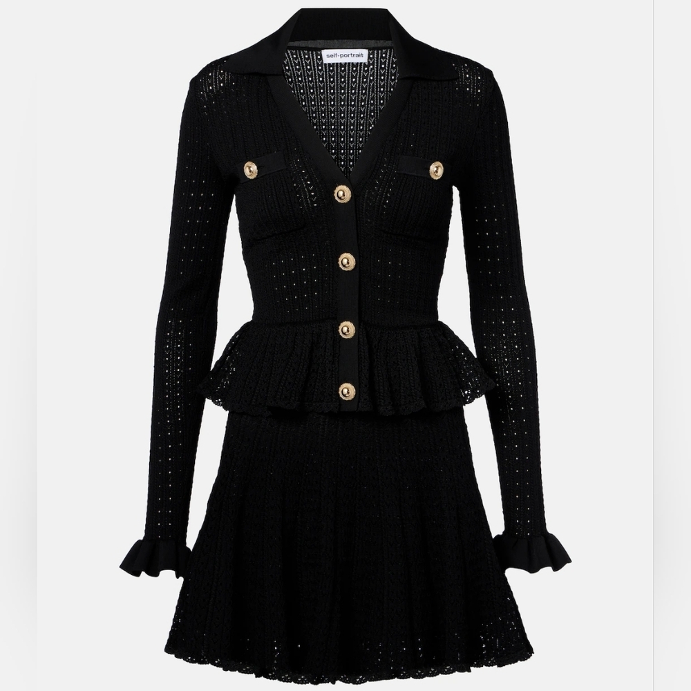 Self-portrait Black Pointelle V Neck Knit Mini Dress - Picture 7 of 9